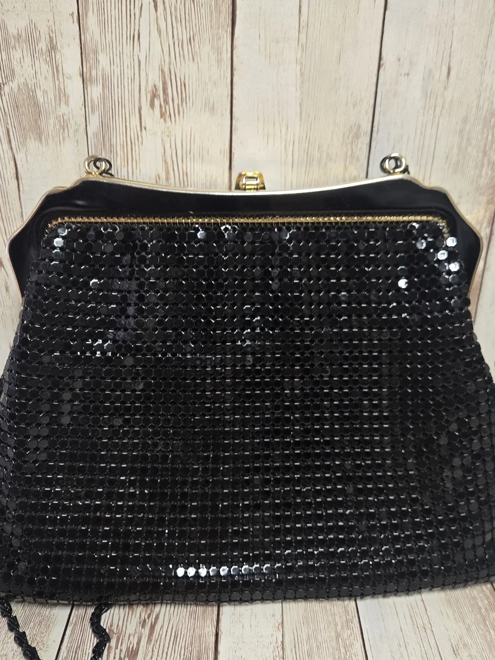 Vintage Black Metal Mesh Evening Bag Gold Tone Frame Chain Strap Purse
